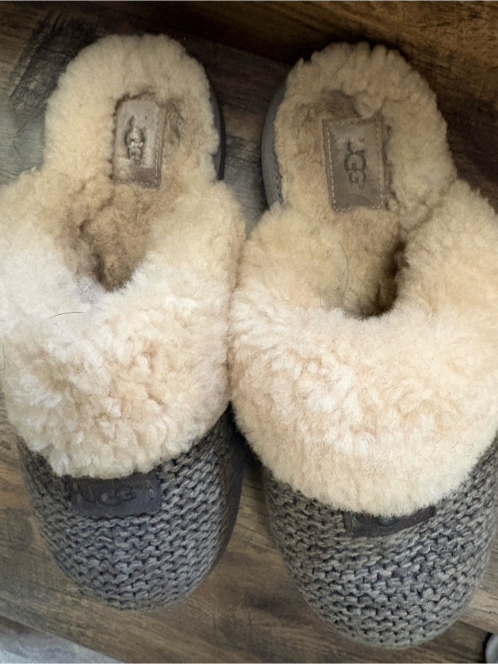 UGG Gray Knit Slippers with Cream Shearling Cuff - Picture 3 of 6